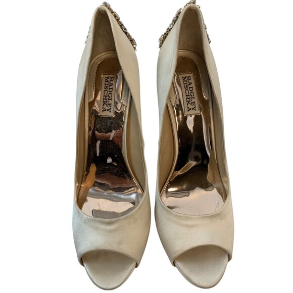 Badgley Mischka Embellished Peep-Toe Stiletto Heels Size 9.5M Satin & Leather - Picture 12 of 13